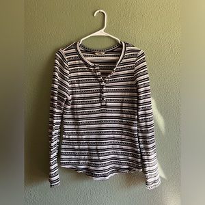 Boho Lucky Brand Black and White Stripe Textured Knit Thermal Henley, M